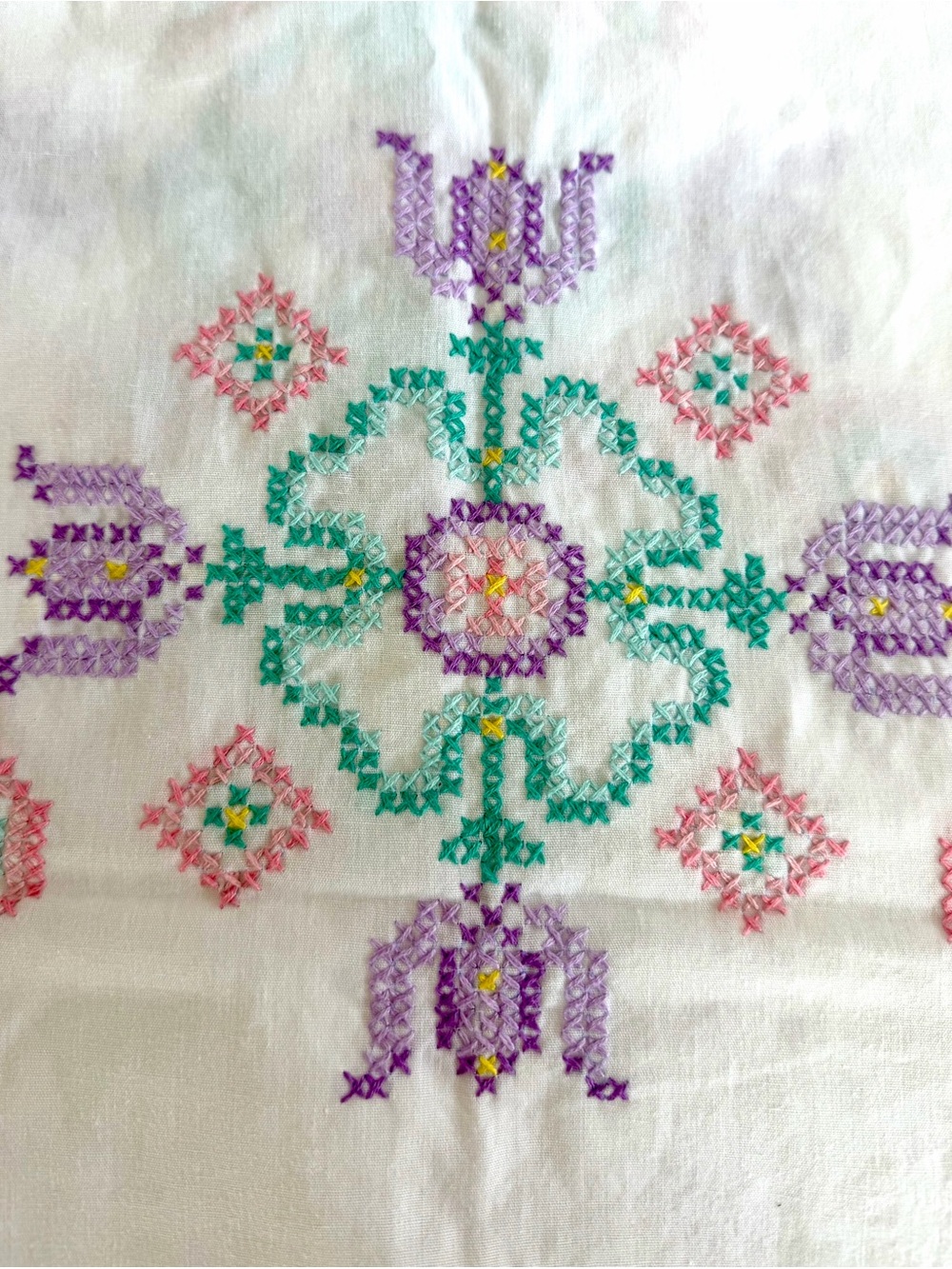 Vintage White Tablecloth Cross‑Stitch Hand Embroidered 48”x64”